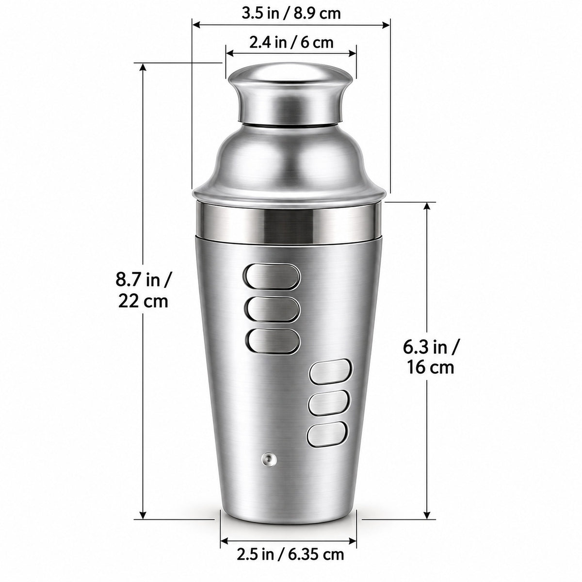 A stainless steel cocktail shaker with overlaid dimension lines and text showing height, top opening, and base measurements in inches and centimeters on a white background.