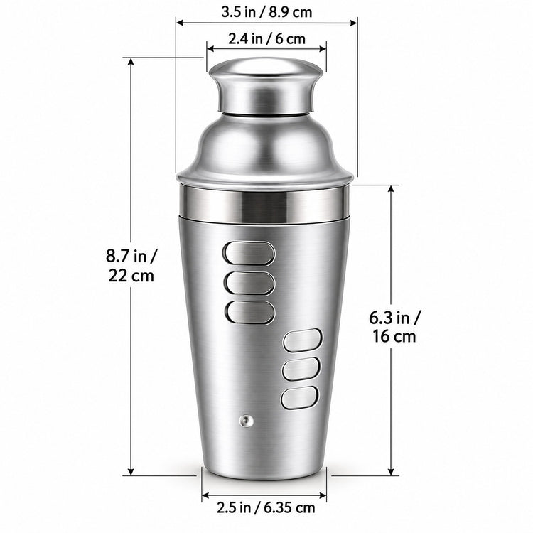A stainless steel cocktail shaker with overlaid dimension lines and text showing height, top opening, and base measurements in inches and centimeters on a white background.