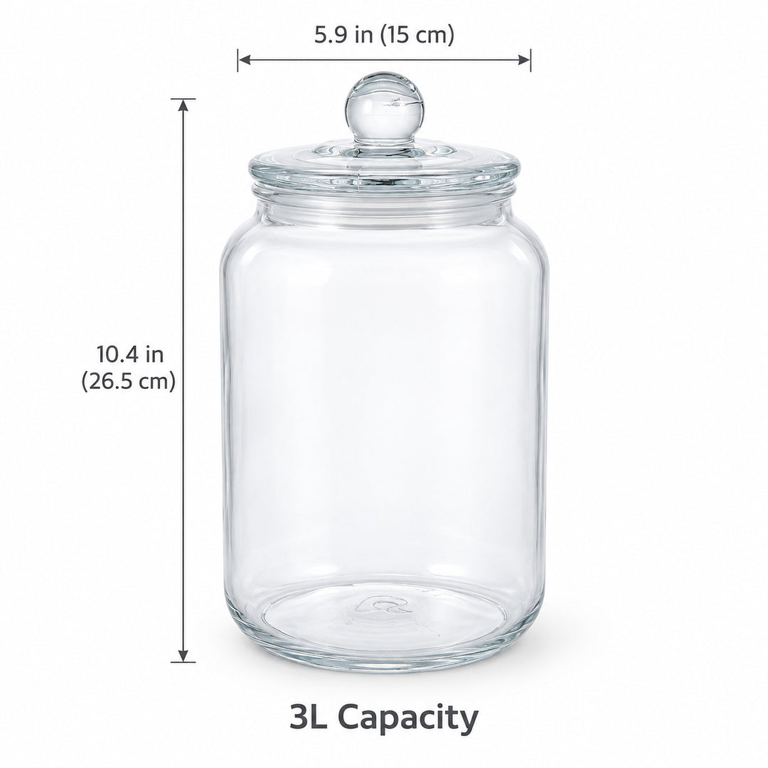 Clear glass jar with lid and knob on a white background, overlaid with dimension lines showing 10.4 in height, 5.