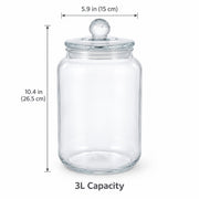 Clear glass jar with lid and knob on a white background, overlaid with dimension lines showing 10.4 in height, 5.