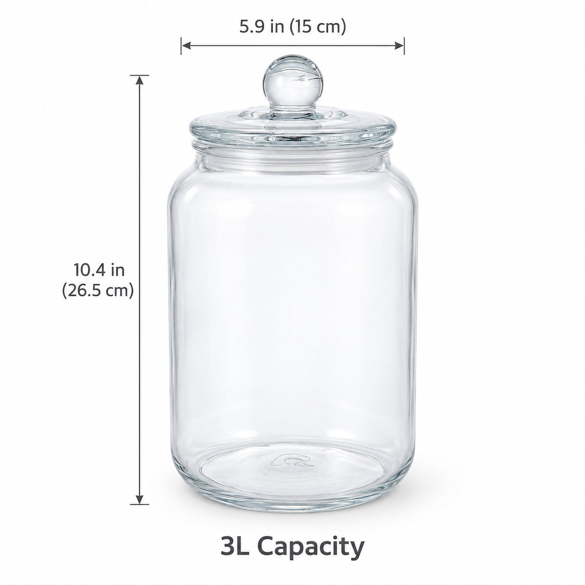 Clear glass jar with lid and knob on a white background, overlaid with dimension lines showing 10.4 in height, 5.