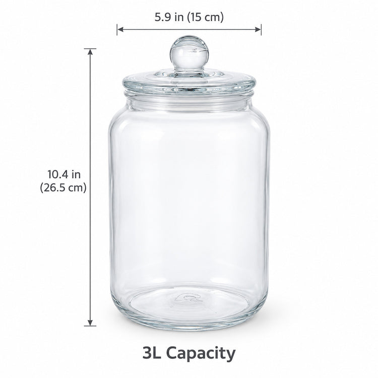 Clear glass jar with lid and knob on a white background, overlaid with dimension lines showing 10.4 in height, 5.