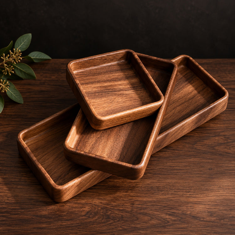 Three square wooden trays with raised rims, stacked on a dark wood tabletop against a dark background, with a small leafy sprig in the upper left corner.