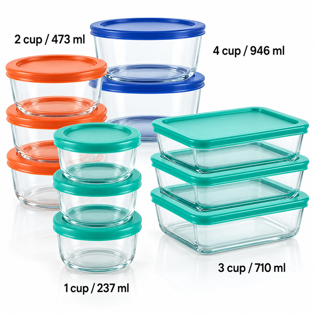 A set of clear glass storage containers with colorful lids in orange, blue, and teal, shown in multiple sizes with printed volume labels on a white background.