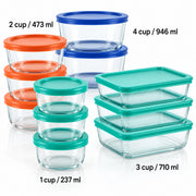 A set of clear glass storage containers with colorful lids in orange, blue, and teal, shown in multiple sizes with printed volume labels on a white background.