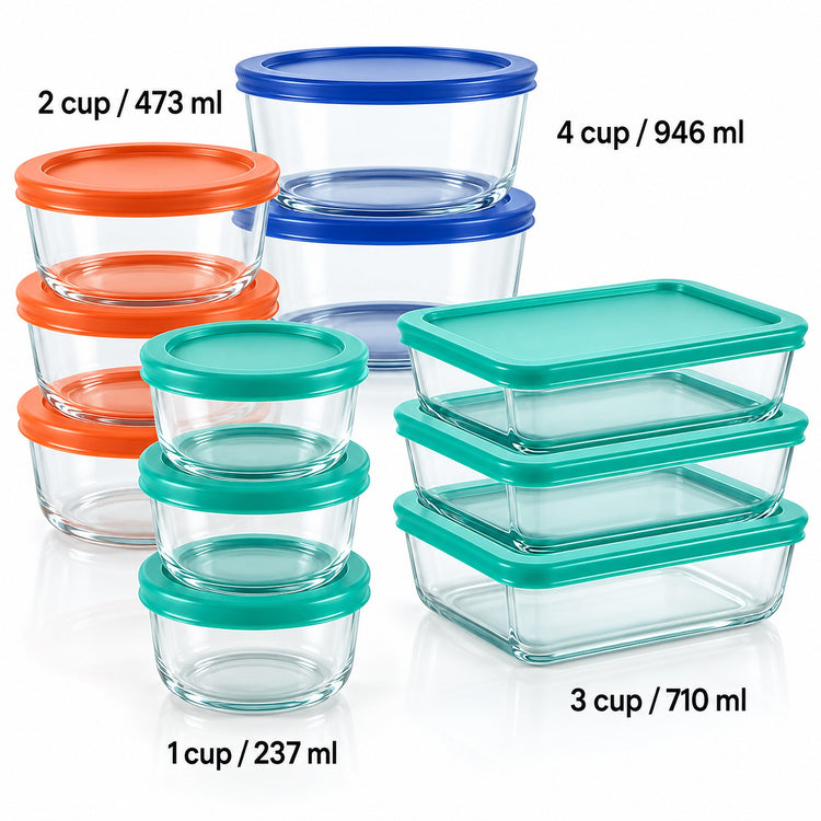 A set of clear glass storage containers with colorful lids in orange, blue, and teal, shown in multiple sizes with printed volume labels on a white background.