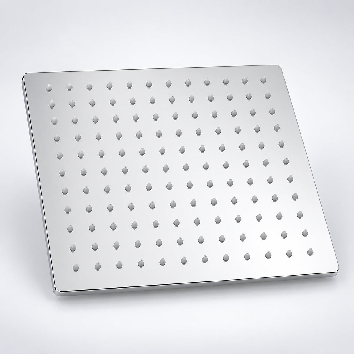 A square chrome shower head panel with a grid of small circular nozzles, shown at an angle on a light gray background.