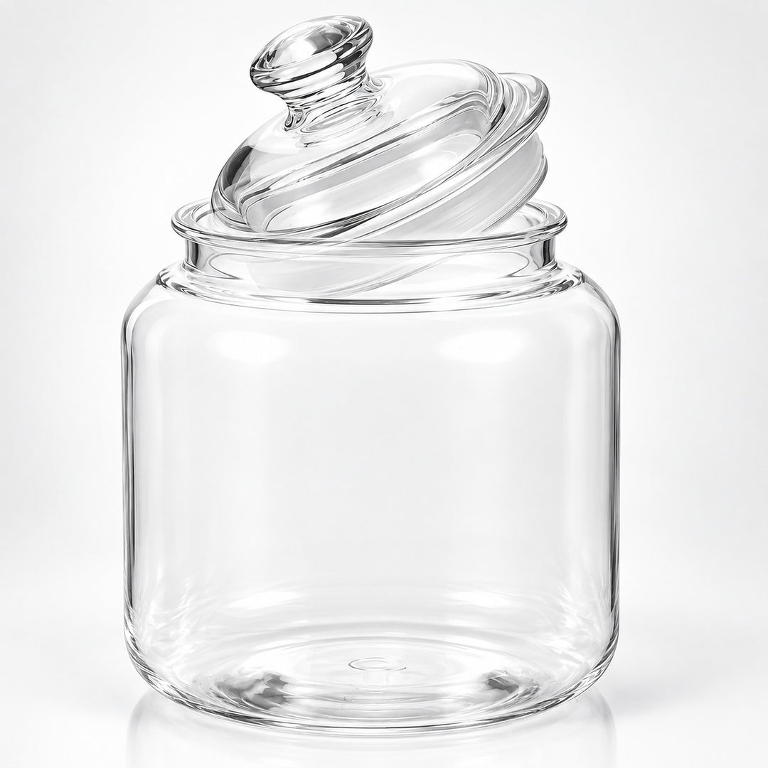 Clear glass jar with a matching glass lid, photographed on a clean white studio background.