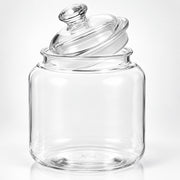 Clear glass jar with a matching glass lid, photographed on a clean white studio background.
