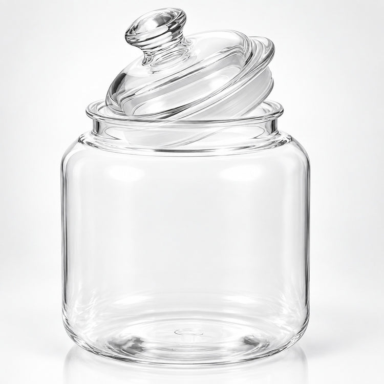 Clear glass jar with a matching glass lid, photographed on a clean white studio background.
