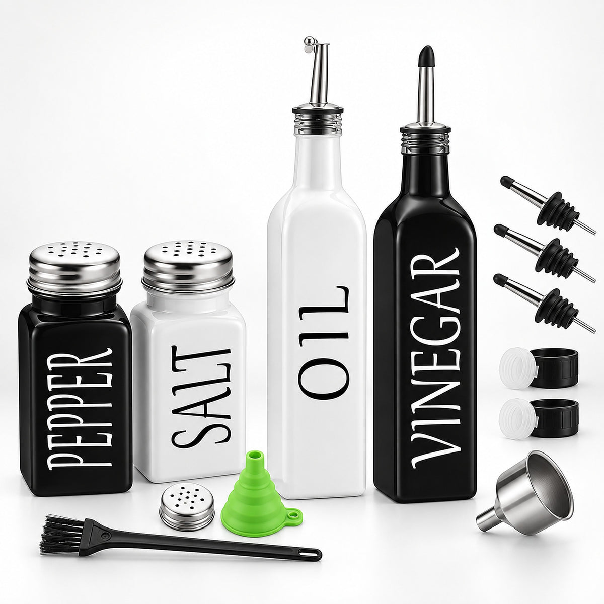 A kitchen glassware and bottle set arranged on a white background, including a black pepper shaker, a white salt shaker, a tall white oil bottle, a tall black vinegar bottle, several pour spouts, a green funnel, a metal funnel, and a black cleaning brush.