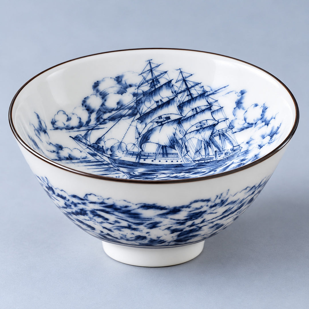 Close view of the Sailing Ship motif inside a blue-and-white porcelain tea cup.