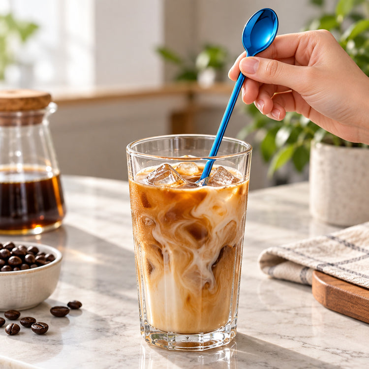 A hand holds a bright blue spoon over a clear glass of iced coffee with milk swirls on a marble countertop, with coffee beans, a glass bottle of coffee, and a folded cloth nearby.
