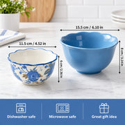 Two ceramic bowls shown on a kitchen countertop with overlaid dimension arrows and text indicating size measurements. The bowl on the left is white with blue floral decoration and blue rim, labeled 11.