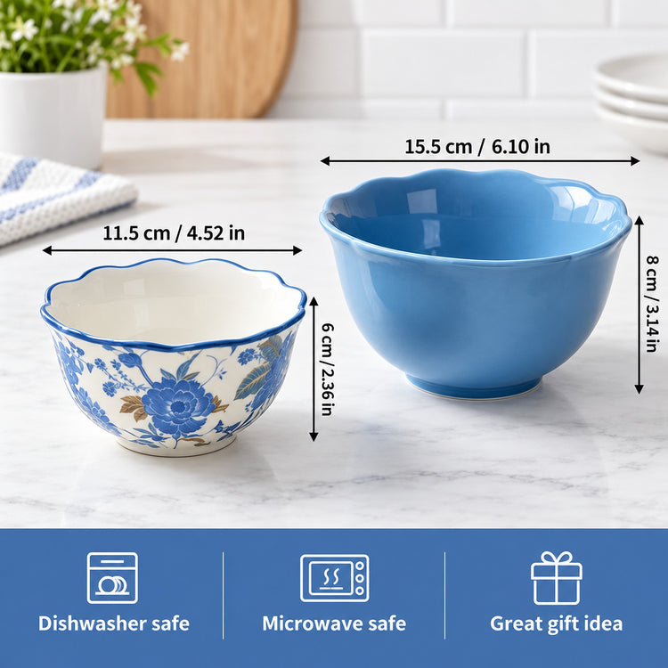 Two ceramic bowls shown on a kitchen countertop with overlaid dimension arrows and text indicating size measurements. The bowl on the left is white with blue floral decoration and blue rim, labeled 11.