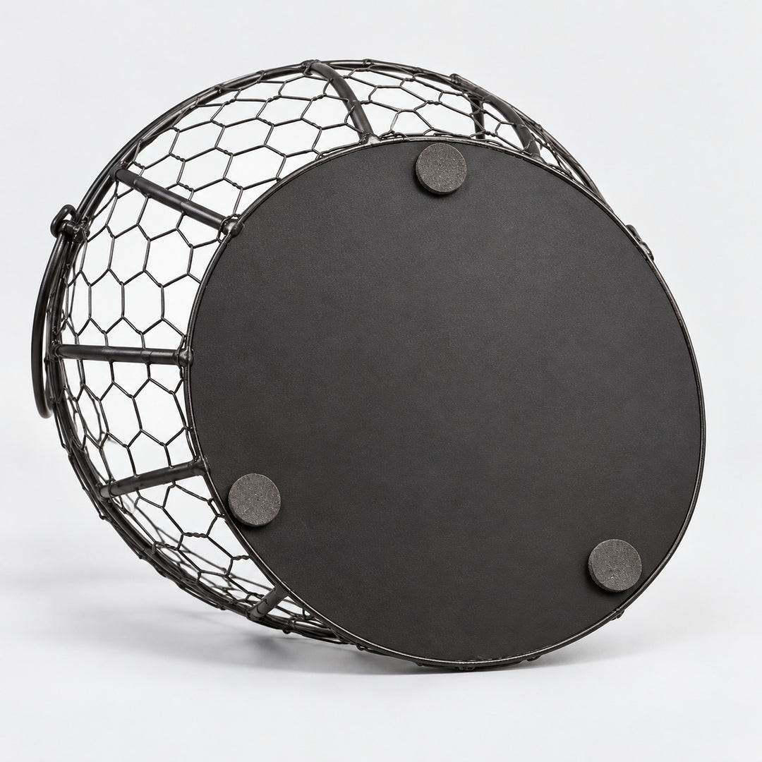 Black iron egg basket underside with three flat non-slip pads.