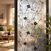 Frosted Window Film, Black Floral Vine Privacy Window Film with Self-Adhesive PVC for Bathroom Glass