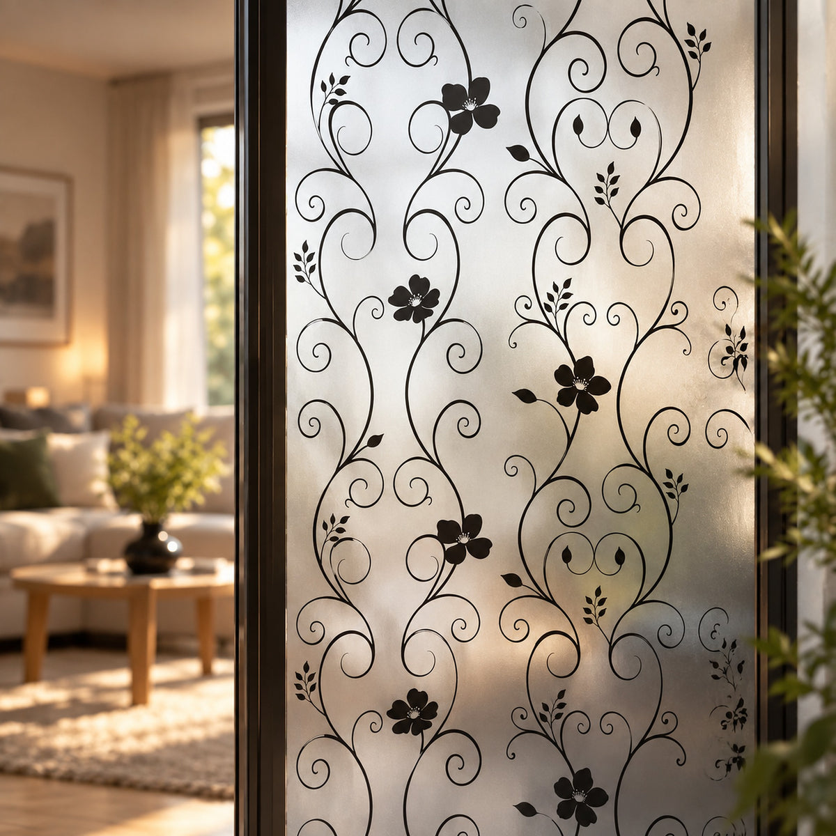 Frosted Window Film, Black Floral Vine Privacy Window Film with Self-Adhesive PVC for Bathroom Glass
