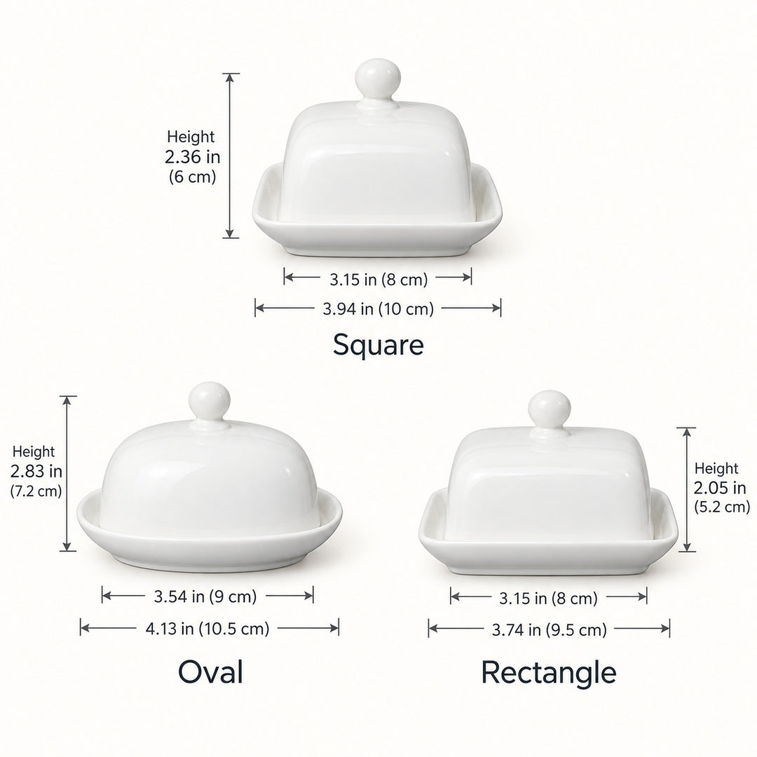 Three white ceramic butter dishes shown with dimension labels: a square version 3.15 x 3.