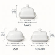 Three white ceramic butter dishes shown with dimension labels: a square version 3.15 x 3.