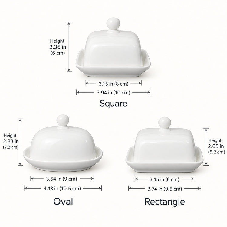 Three white ceramic butter dishes shown with dimension labels: a square version 3.15 x 3.