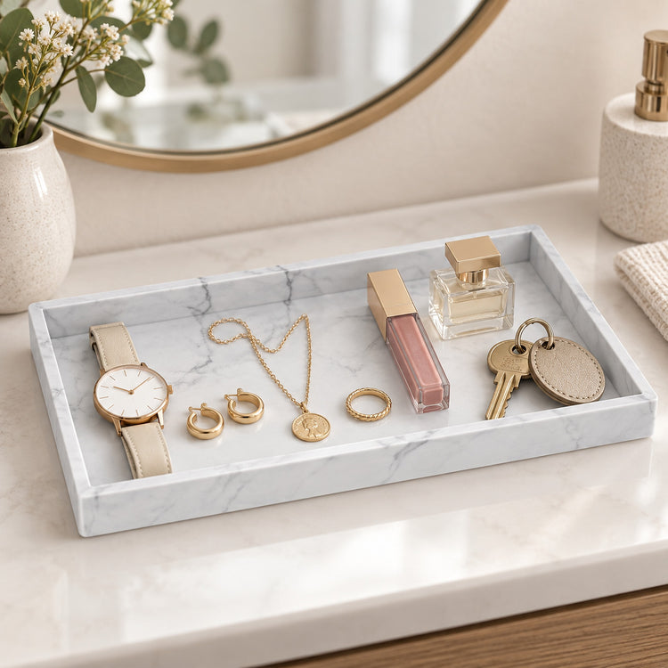 A rectangular marble jewelry and accessory tray with a white and gray veined surface, styled on a bathroom or vanity counter with a watch, rings, necklace, lipstick, perfume bottle, and keys. The scene includes a round mirror, a vase with flowers, and a textured cream bottle in the background.