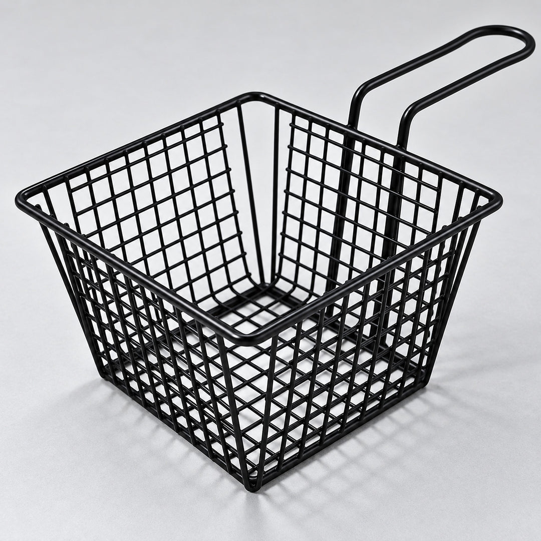 Open-grid iron wire basket with deep square sides and loop handle.