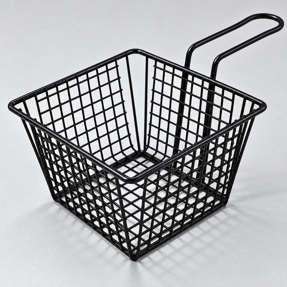 Open-grid iron wire basket with deep square sides and loop handle.