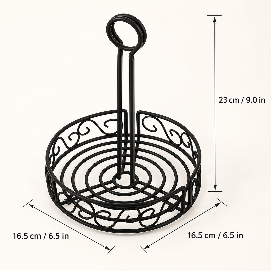 Black metal wire stand with a circular base and upright loop handle, shown with dimension arrows and labels indicating 23 cm height and 16.5 cm width on a light beige background.