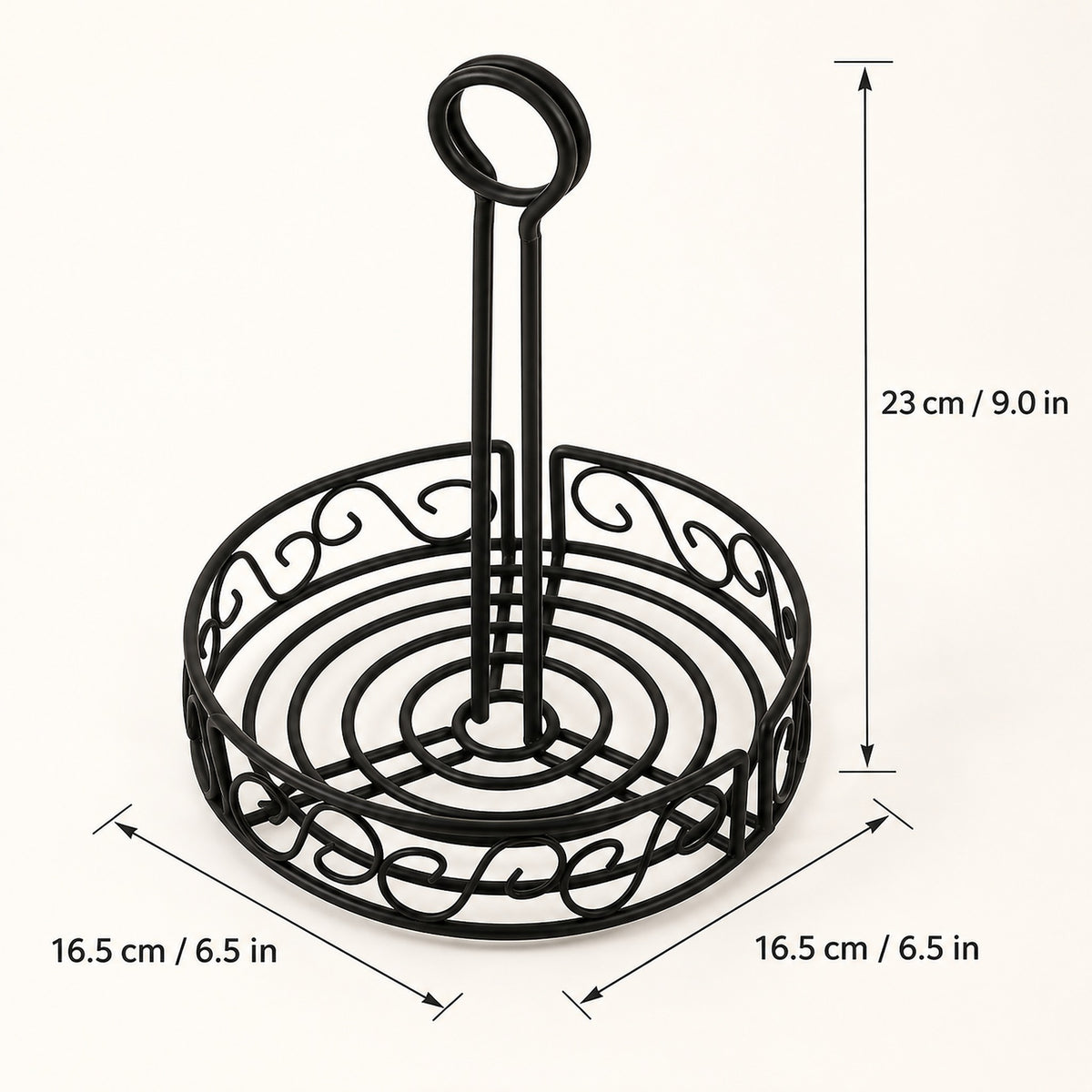 Black metal wire stand with a circular base and upright loop handle, shown with dimension arrows and labels indicating 23 cm height and 16.5 cm width on a light beige background.