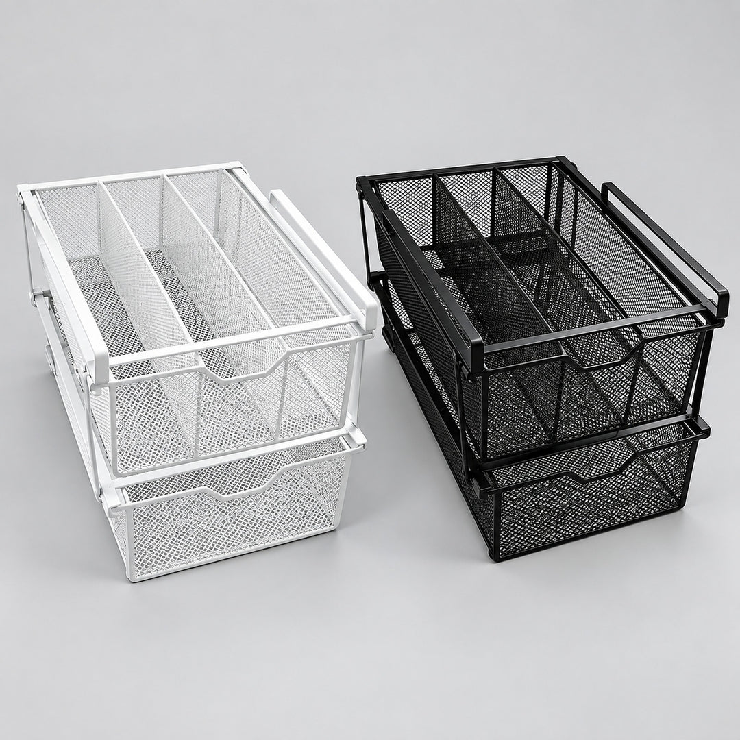 Two metal mesh drawer organizers shown on a light gray studio background, one in white and one in black.