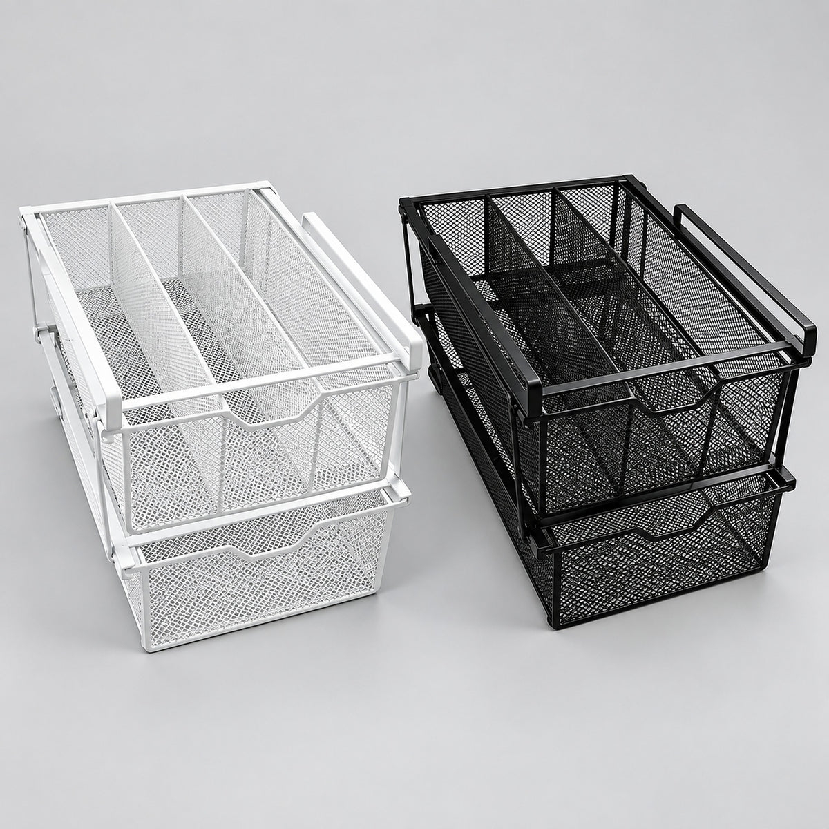 Two metal mesh drawer organizers shown on a light gray studio background, one in white and one in black.