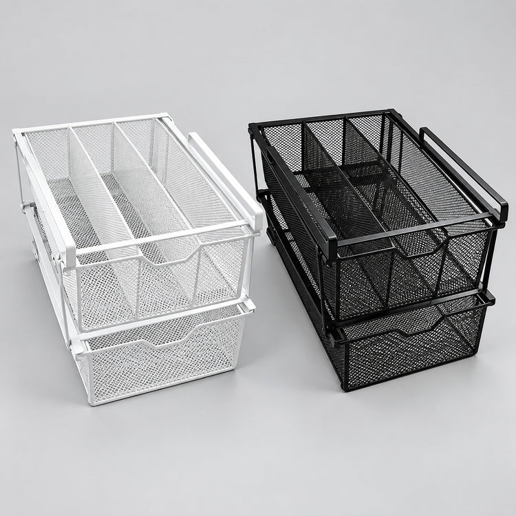 Two metal mesh drawer organizers shown on a light gray studio background, one in white and one in black.