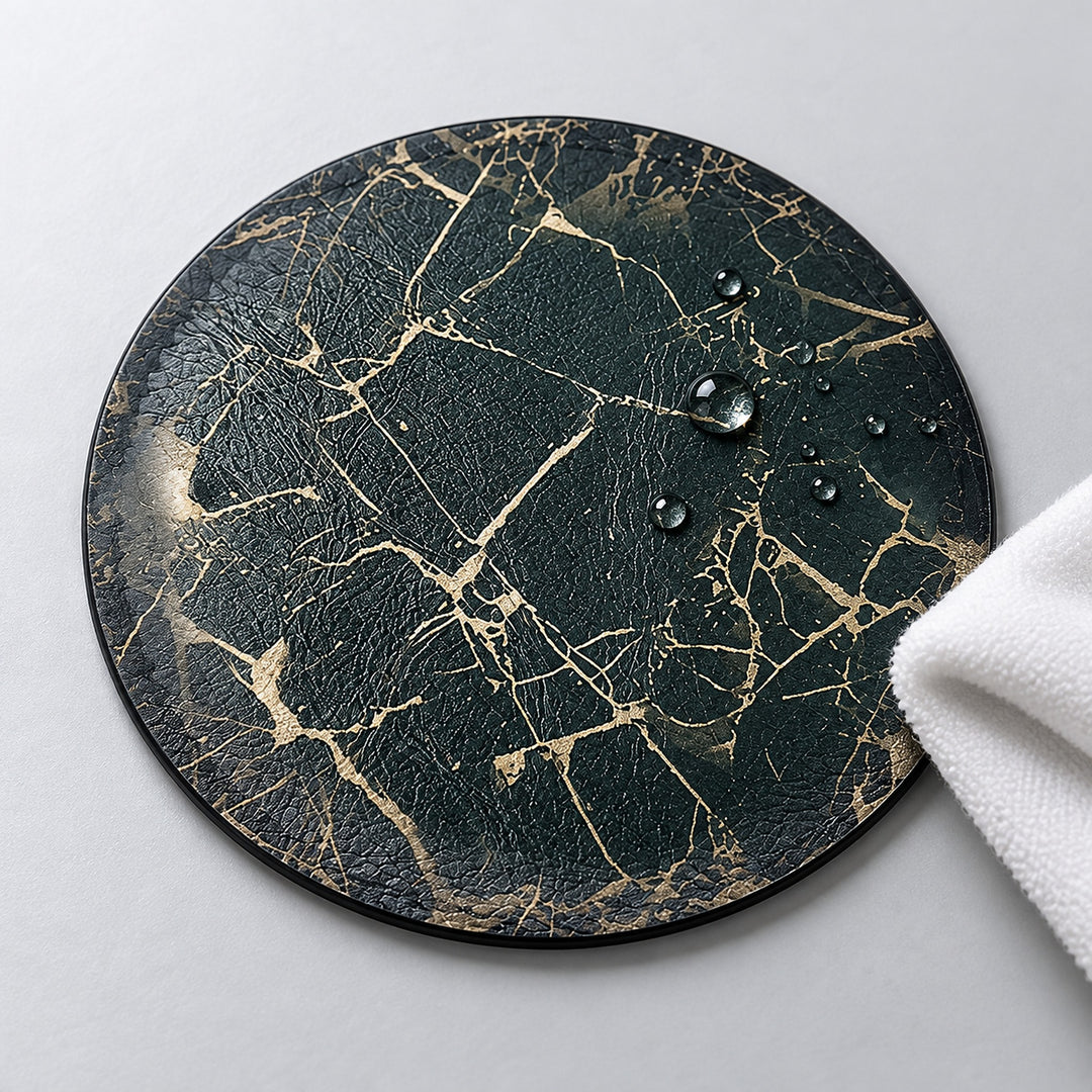 Black and gold artificial-leather coaster showing textured grain, water beads and a wiping cloth.