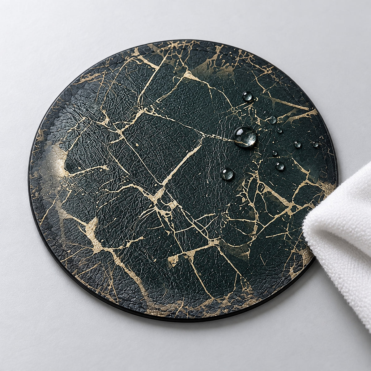 Black and gold artificial-leather coaster showing textured grain, water beads and a wiping cloth.