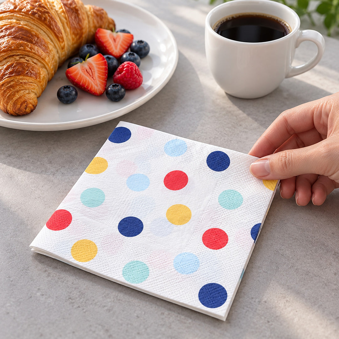 Large-dot paper napkin ready for breakfast cleanup.