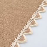 Cream triangular fringe and tan woven runner edge detail.