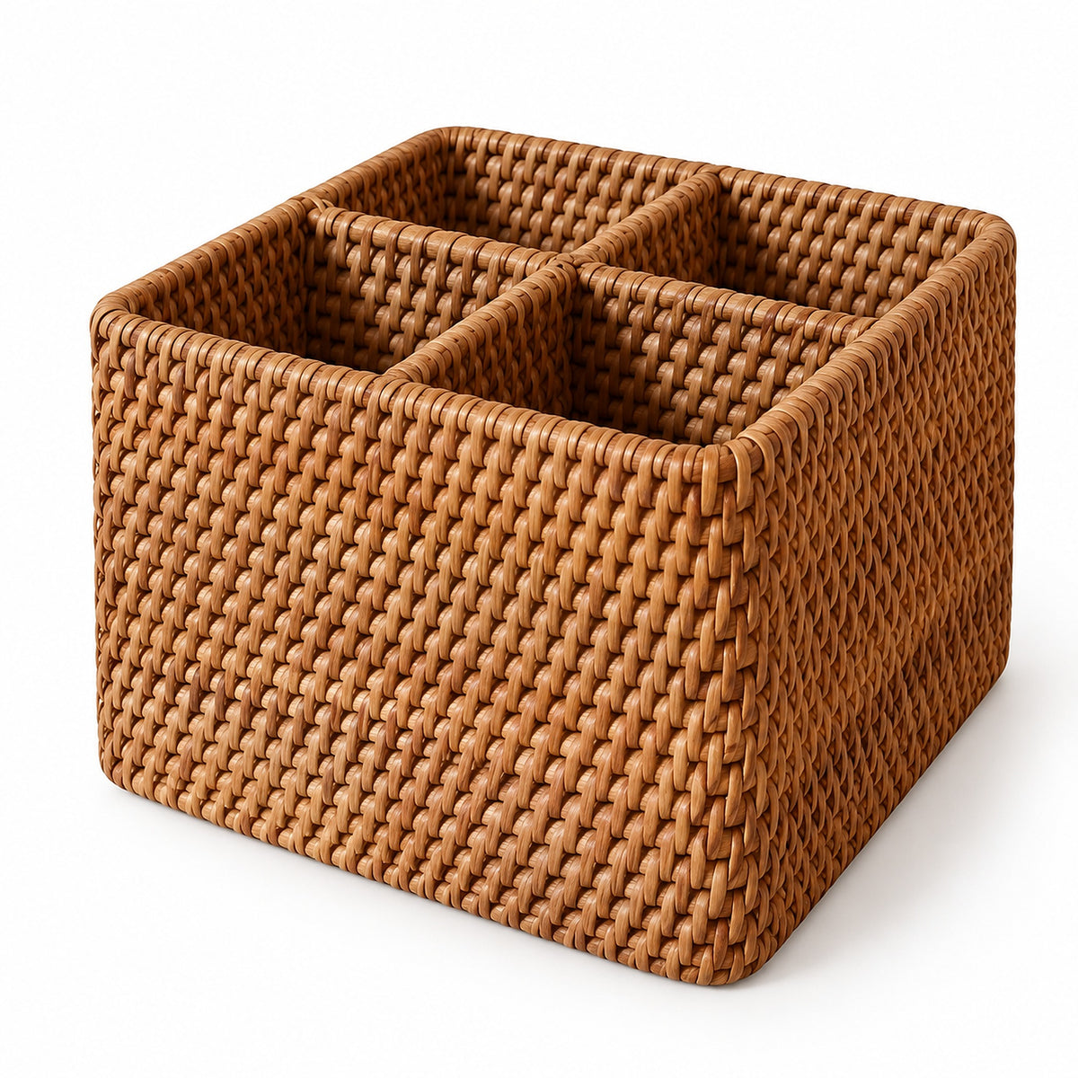 Square wicker basket showing four separate compartments and woven cross-divider.