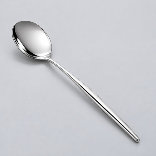 Silver dinner spoon showing its polished bowl and slim metal handle.