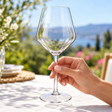 Clear Bordeaux-style Tritan cup held by its stem, showing its transparent bowl and round base.