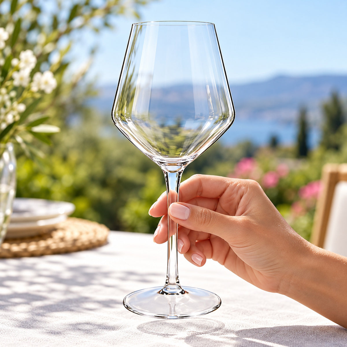 Clear Bordeaux-style Tritan cup held by its stem, showing its transparent bowl and round base.