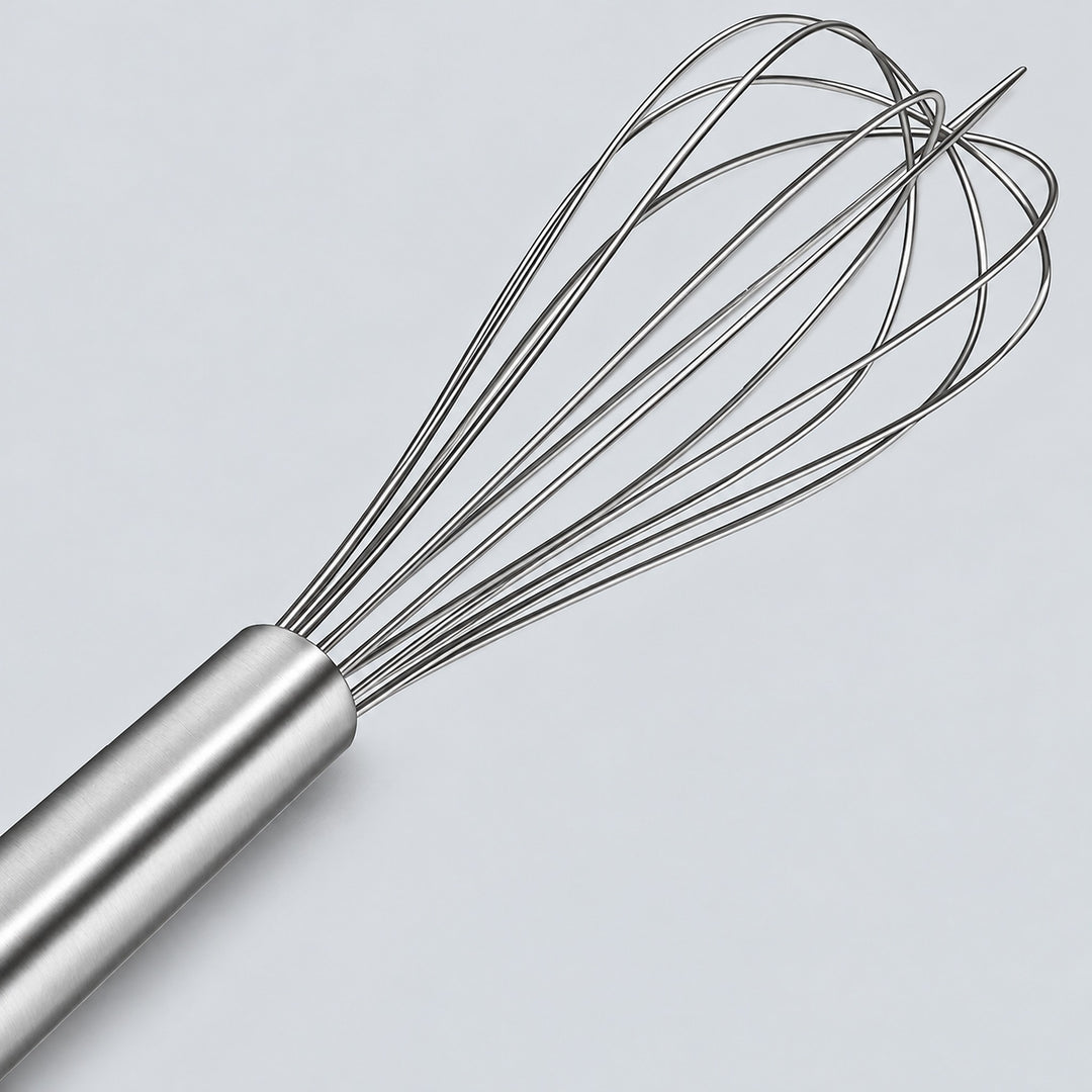 Balloon whisk nested steel wire head detail.