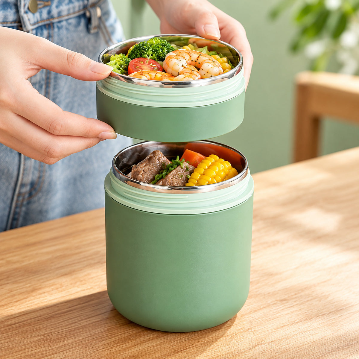 Removable shallow bowl above the green jar's main steel compartment.