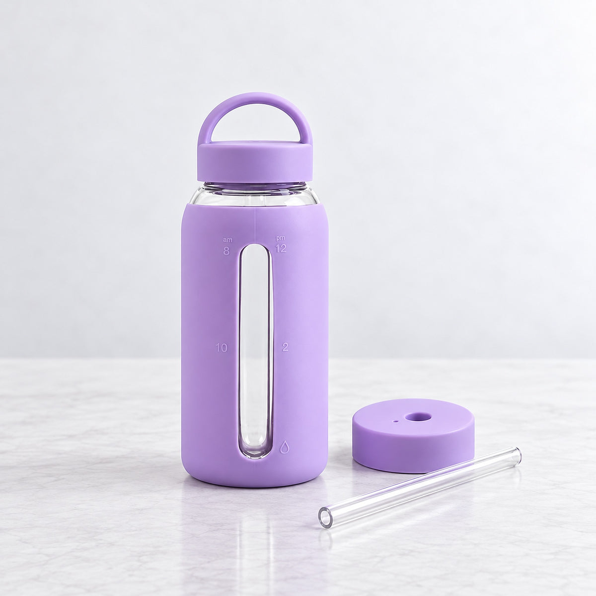 Purple bottle with interchangeable loop lid, straw lid and wide straw.