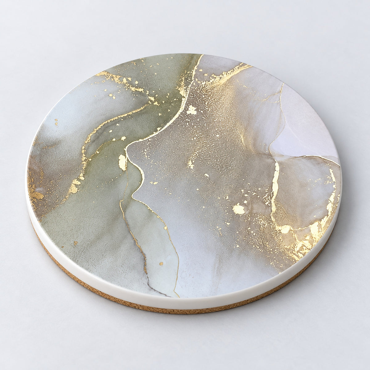Single ceramic coaster showing printed face, white edge and cork backing.