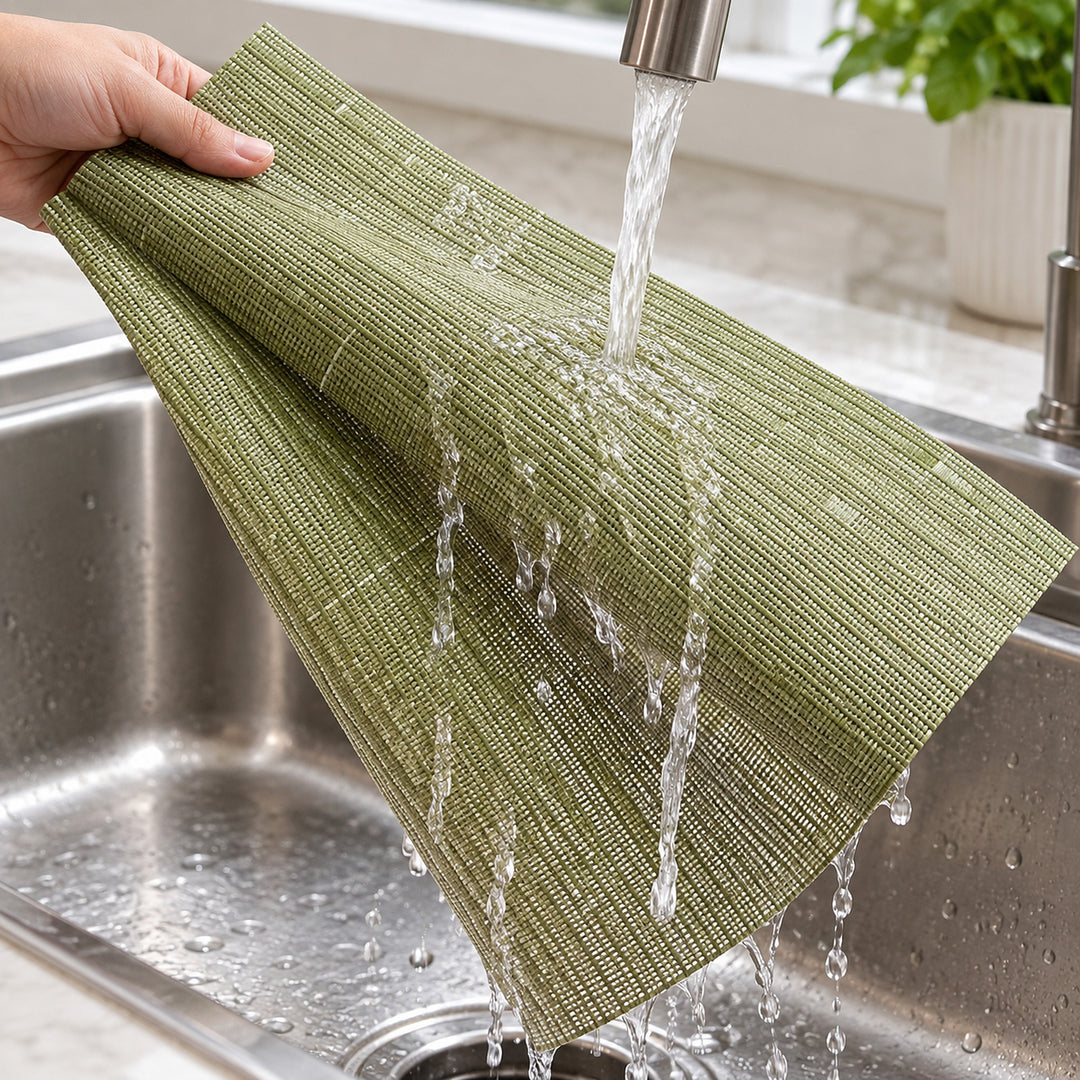 Rinsing one flexible olive-green woven vinyl placemat at the sink.