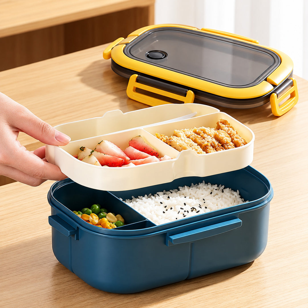 Removable divided upper tray above the blue box lower compartment.