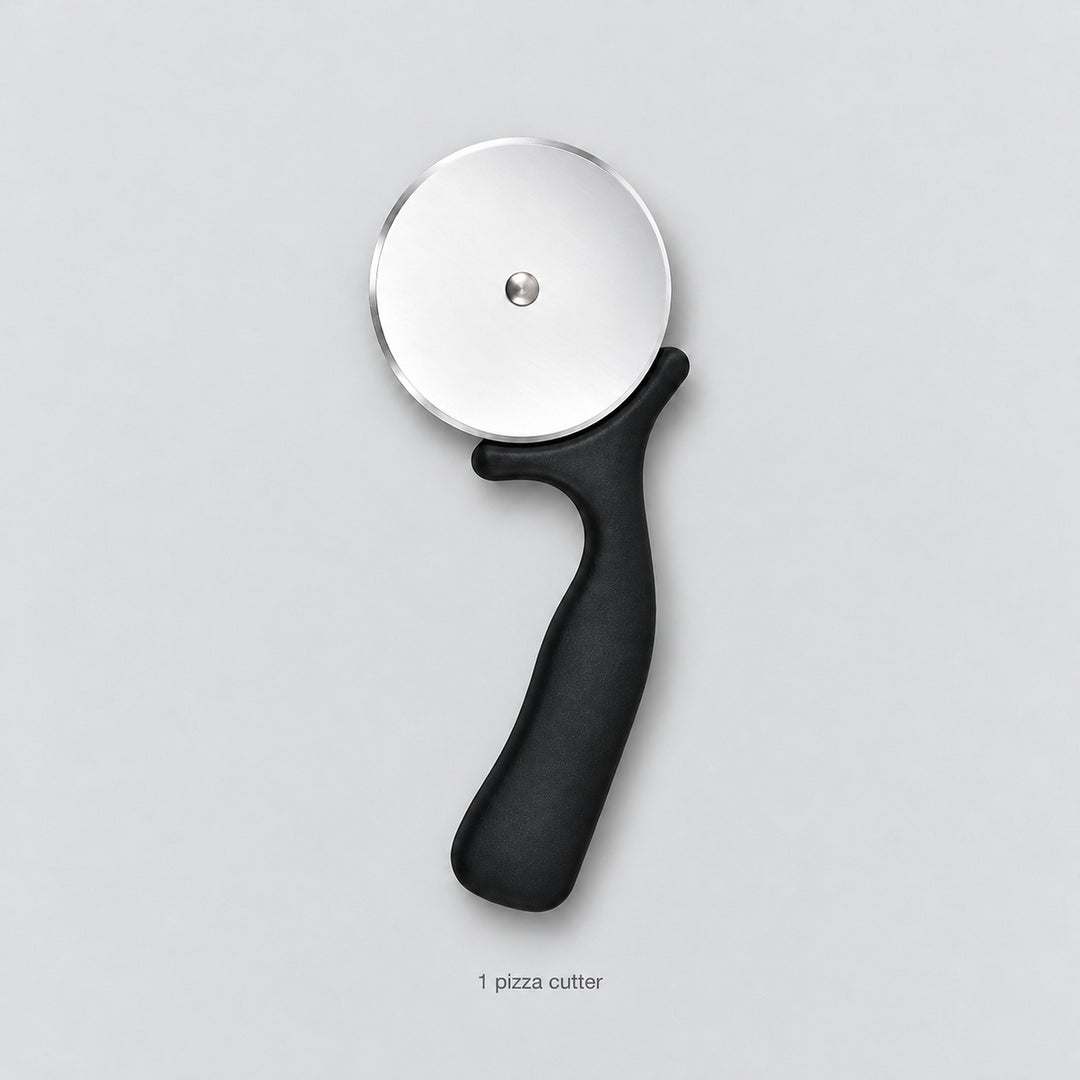 One complete black handled pizza cutter.