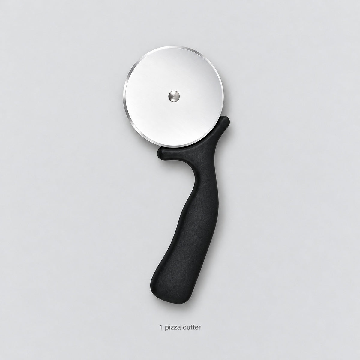 One complete black handled pizza cutter.