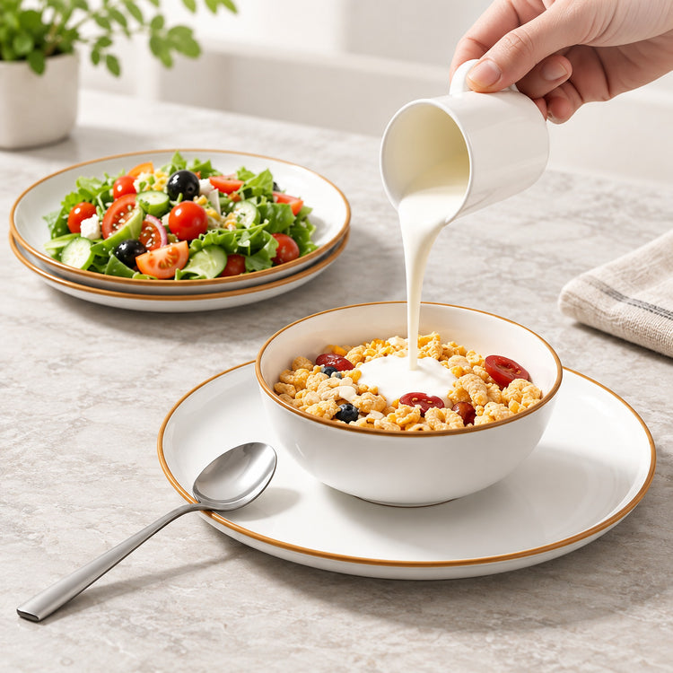 A white ceramic bowl of cereal with milk being poured into it, set on a matching white plate with a gold rim. A hand holds the milk pitcher, with a salad plate in the background on a light stone tabletop.